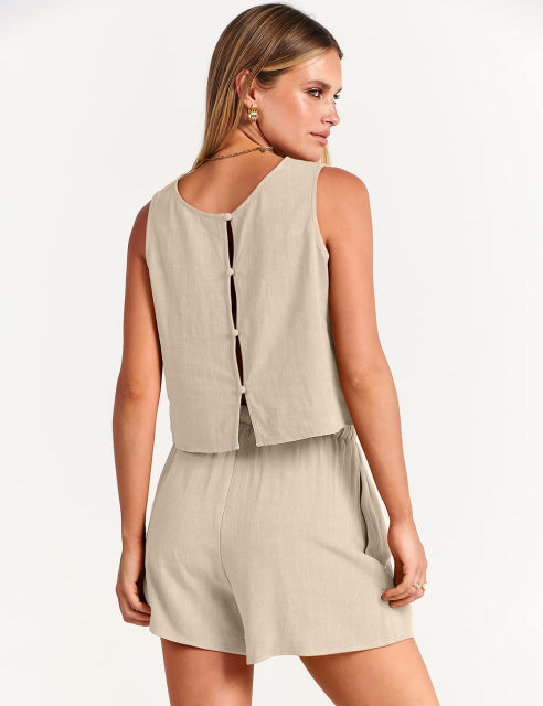 Apricot Sleeveless Tank Top with Pocket Shorts Set