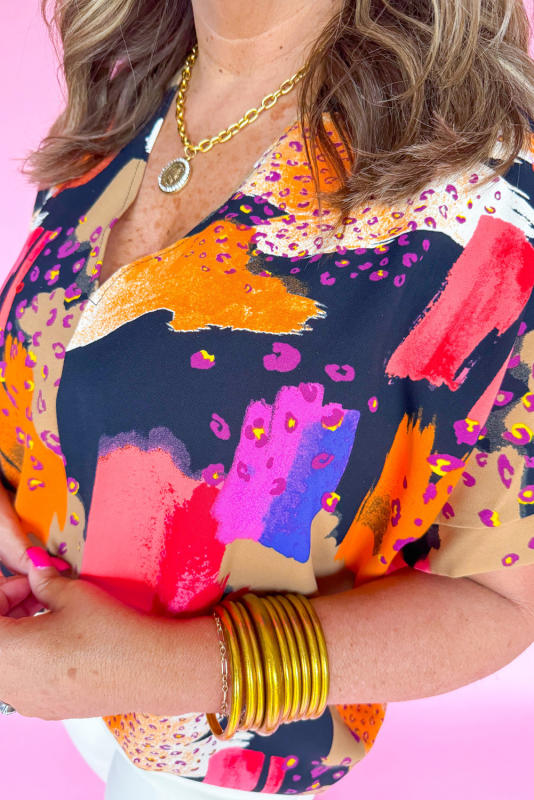 Multicolour Abstract Print V Neck Short Sleeve Plus Size Blouse