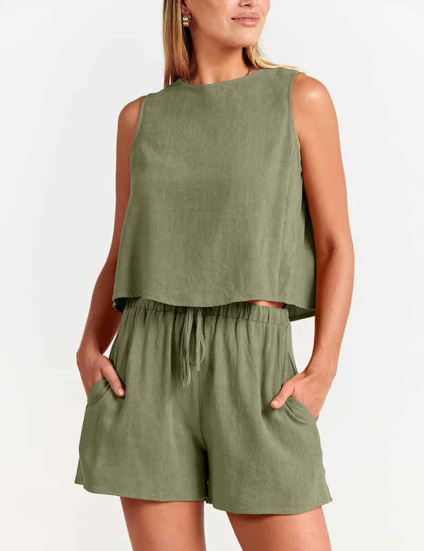 Green Sleeveless Tank Top with Pocket Shorts Set