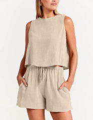 Apricot Sleeveless Tank Top with Pocket Shorts Set