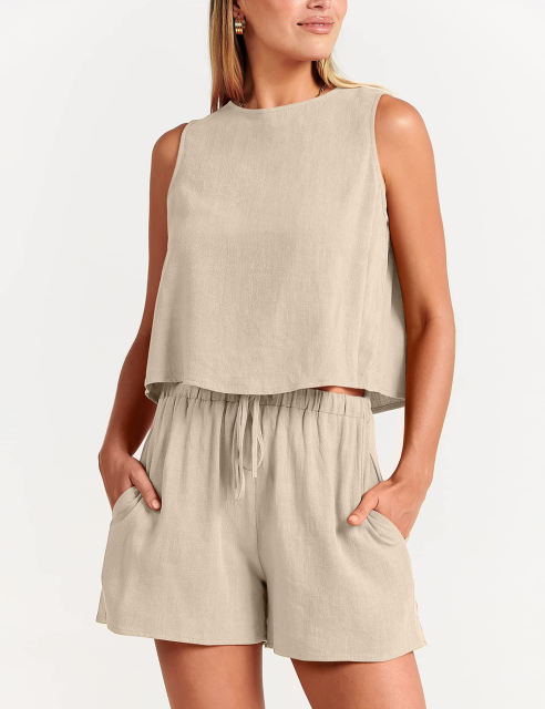 Apricot Sleeveless Tank Top with Pocket Shorts Set