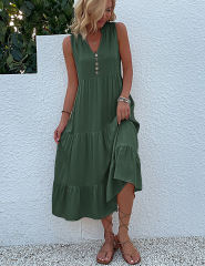 Green Sleeveless V Neck Tiered Midi Dress