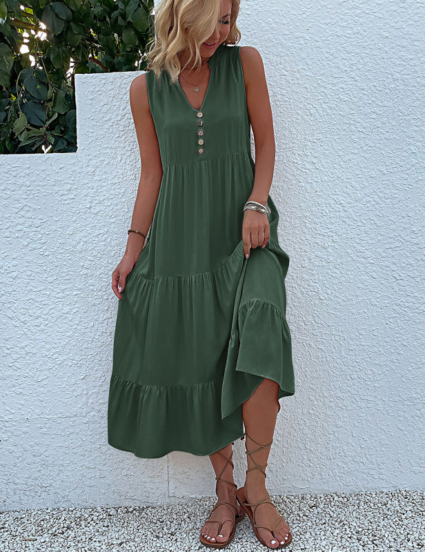 Green Sleeveless V Neck Tiered Midi Dress
