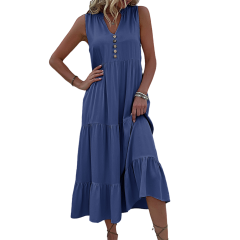 Blue Sleeveless V Neck Tiered Midi Dress