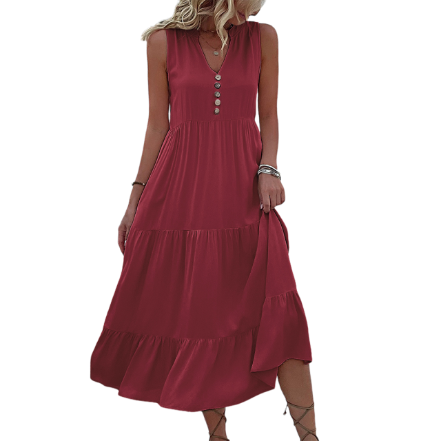 Burgundy Sleeveless V Neck Tiered Midi Dress
