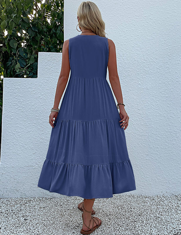 Blue Sleeveless V Neck Tiered Midi Dress