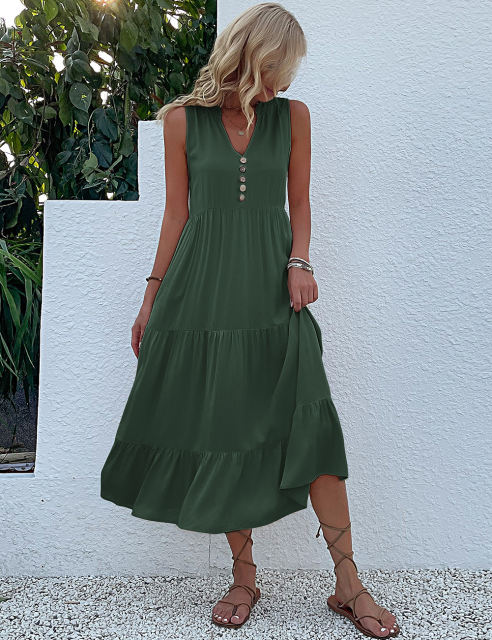 Green Sleeveless V Neck Tiered Midi Dress