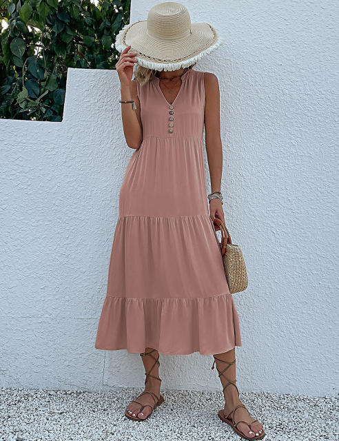 Pink Sleeveless V Neck Tiered Midi Dress