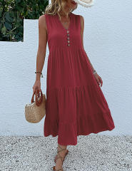 Burgundy Sleeveless V Neck Tiered Midi Dress