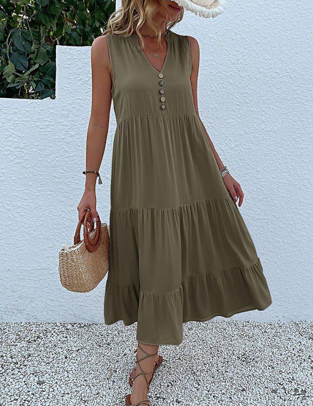 Blue Sleeveless V Neck Tiered Midi Dress