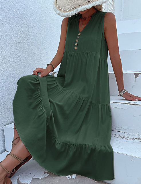 Green Sleeveless V Neck Tiered Midi Dress