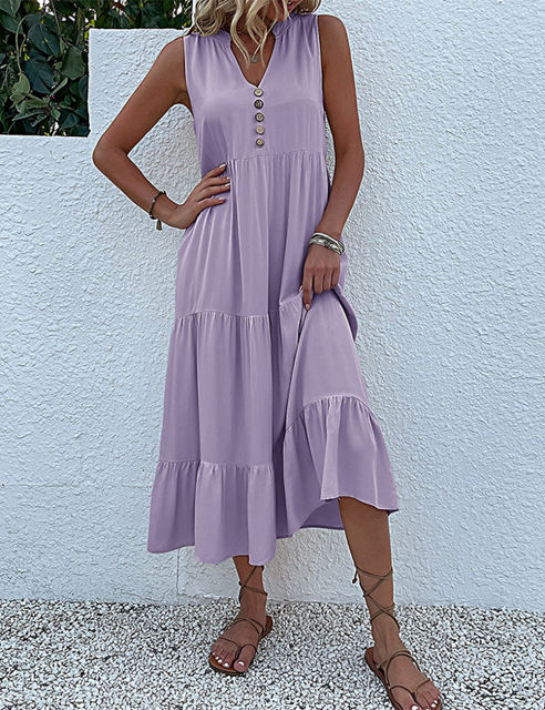 Purple Sleeveless V Neck Tiered Midi Dress