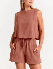 Orange Sleeveless Tank Top with Pocket Shorts Set