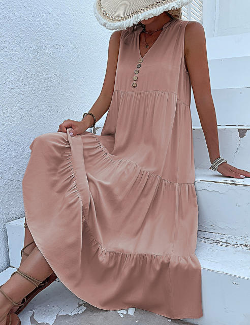 Pink Sleeveless V Neck Tiered Midi Dress