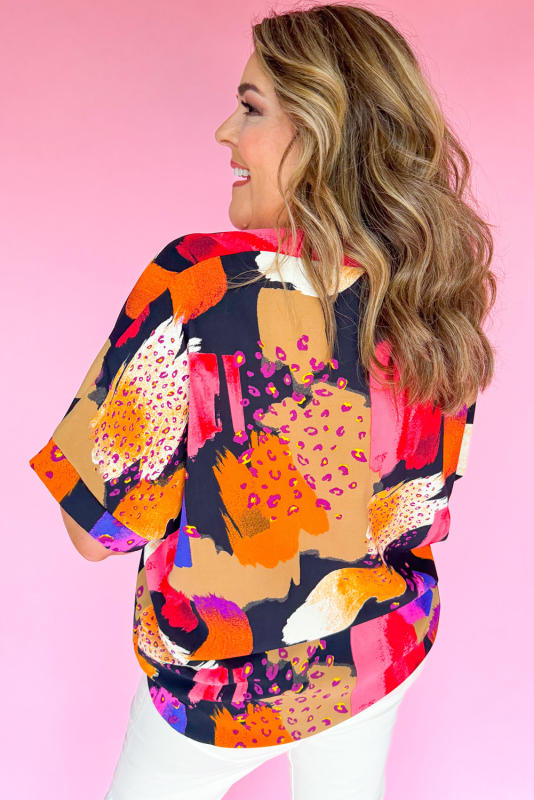 Multicolour Abstract Print V Neck Short Sleeve Plus Size Blouse