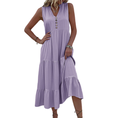 Purple Sleeveless V Neck Tiered Midi Dress
