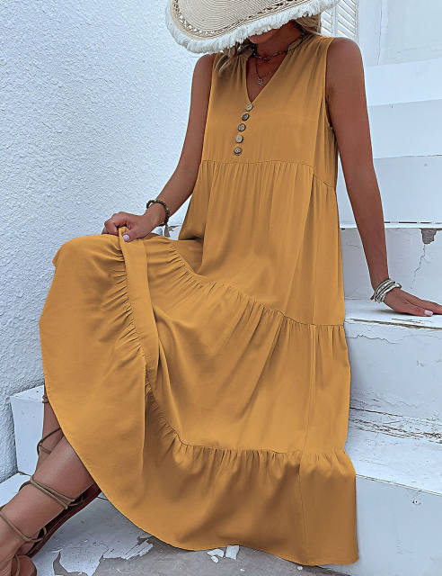 Yellow Sleeveless V Neck Tiered Midi Dress