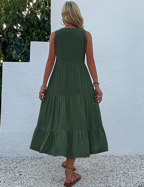 Green Sleeveless V Neck Tiered Midi Dress