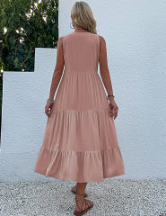 Pink Sleeveless V Neck Tiered Midi Dress