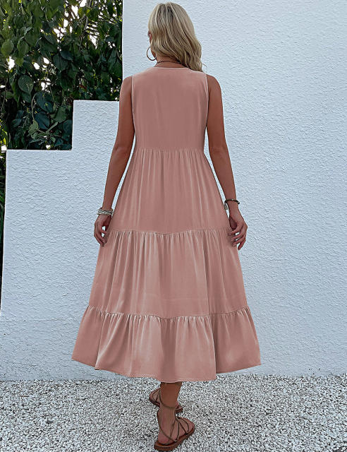 Pink Sleeveless V Neck Tiered Midi Dress