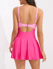 Pink Rosy Patchwork Crossed Cutout Swim Dress