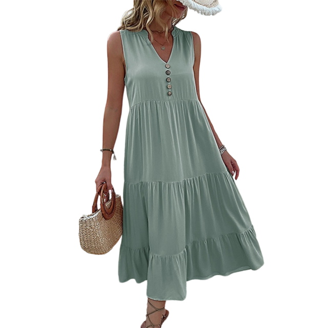 Pea Green Sleeveless V Neck Tiered Midi Dress