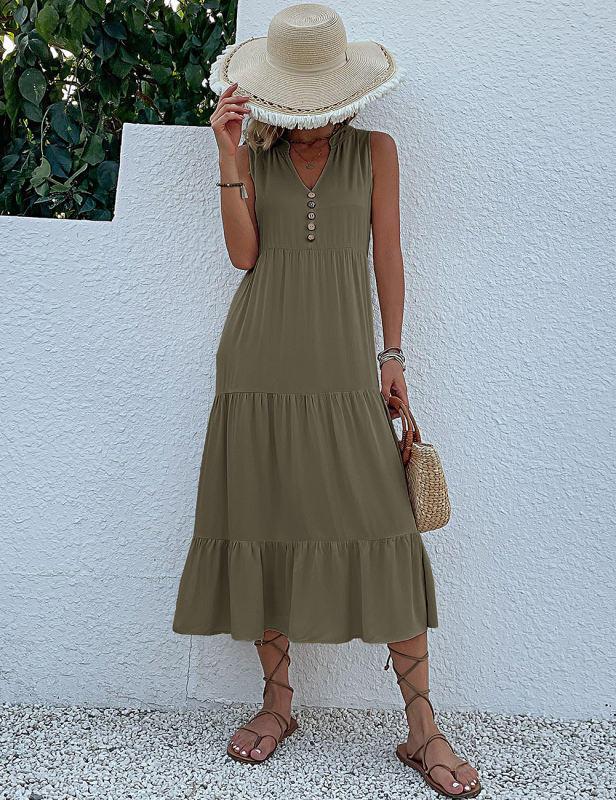 Blue Sleeveless V Neck Tiered Midi Dress