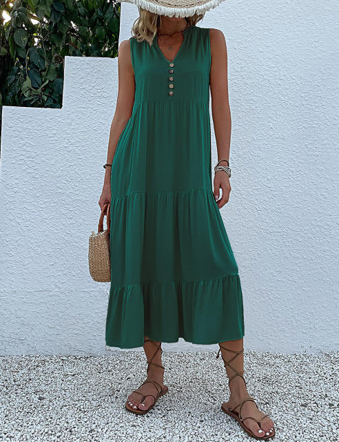 Dark Green Sleeveless V Neck Tiered Midi Dress