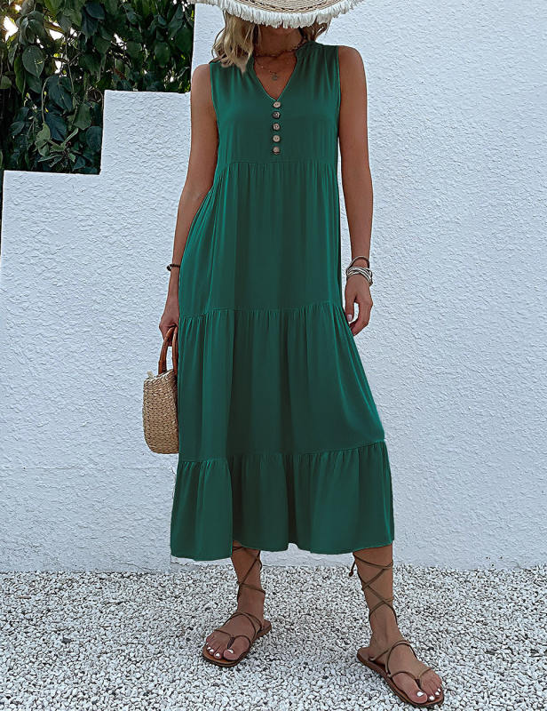 Dark Green Sleeveless V Neck Tiered Midi Dress