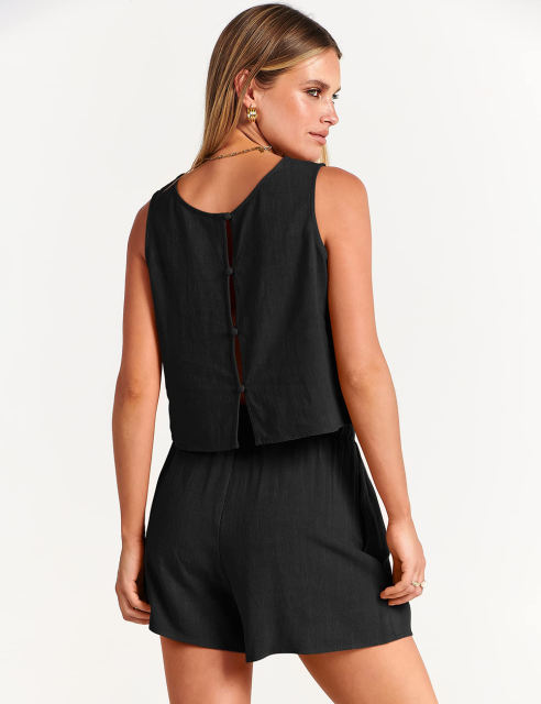 Black Sleeveless Tank Top with Pocket Shorts Set