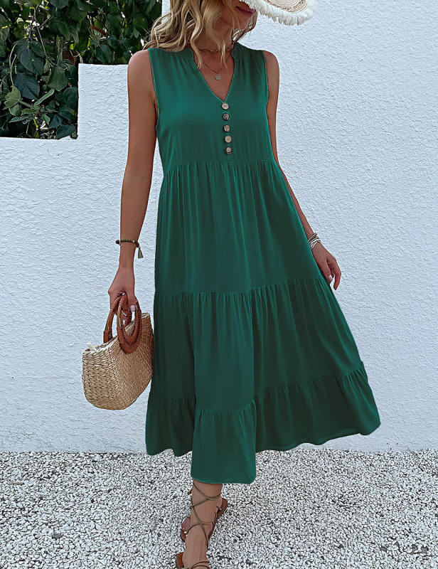 Dark Green Sleeveless V Neck Tiered Midi Dress