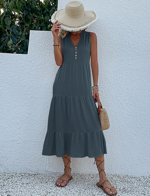 Gray Sleeveless V Neck Tiered Midi Dress