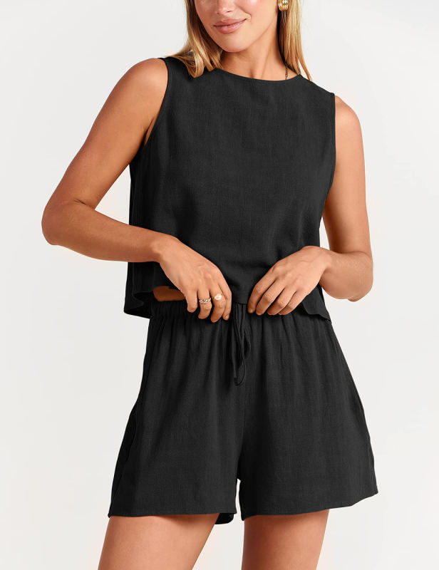 Black Sleeveless Tank Top with Pocket Shorts Set