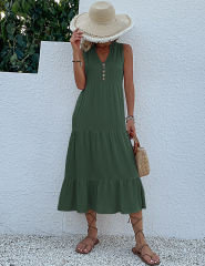 Green Sleeveless V Neck Tiered Midi Dress