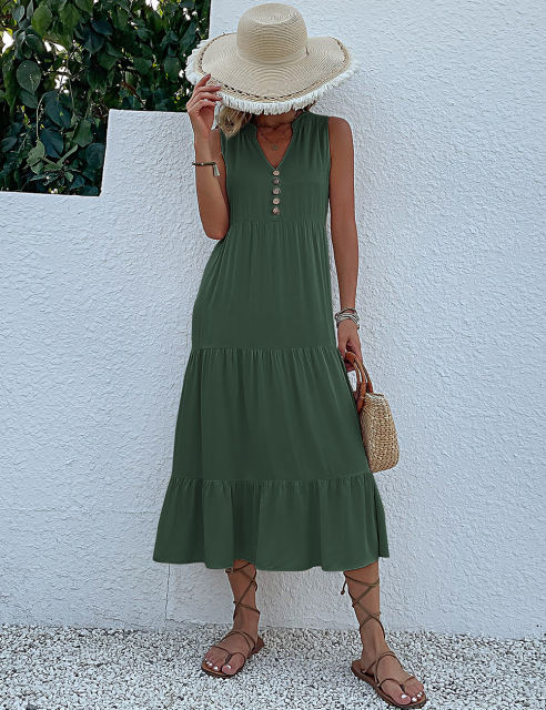 Green Sleeveless V Neck Tiered Midi Dress