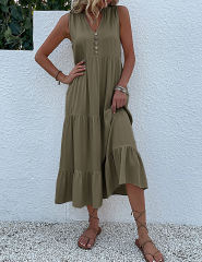 Blue Sleeveless V Neck Tiered Midi Dress