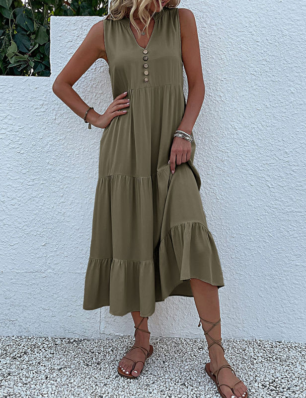 Blue Sleeveless V Neck Tiered Midi Dress