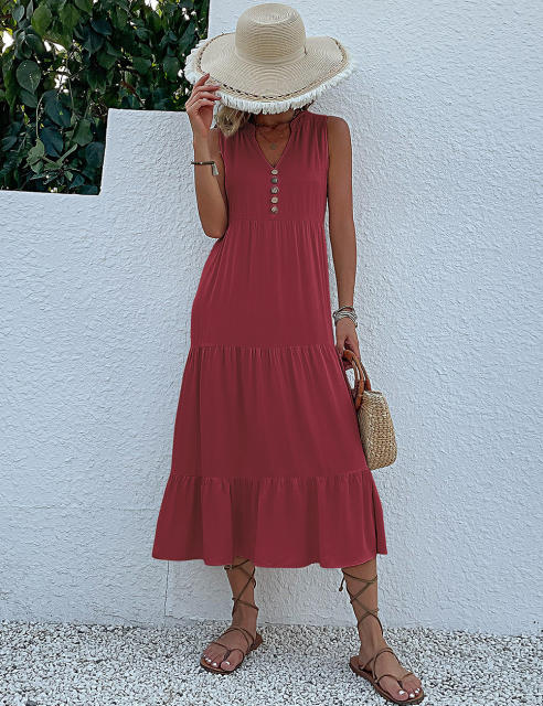 Burgundy Sleeveless V Neck Tiered Midi Dress