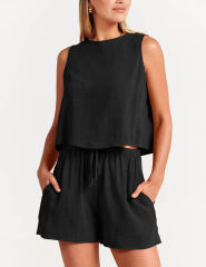 Black Sleeveless Tank Top with Pocket Shorts Set