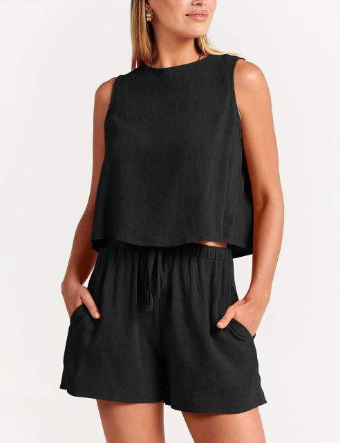 Black Sleeveless Tank Top with Pocket Shorts Set