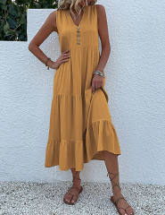 Yellow Sleeveless V Neck Tiered Midi Dress