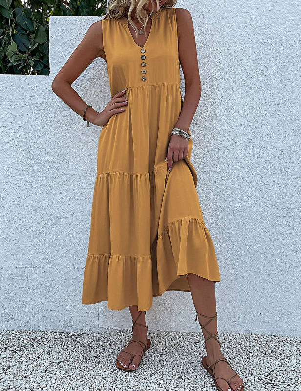 Yellow Sleeveless V Neck Tiered Midi Dress