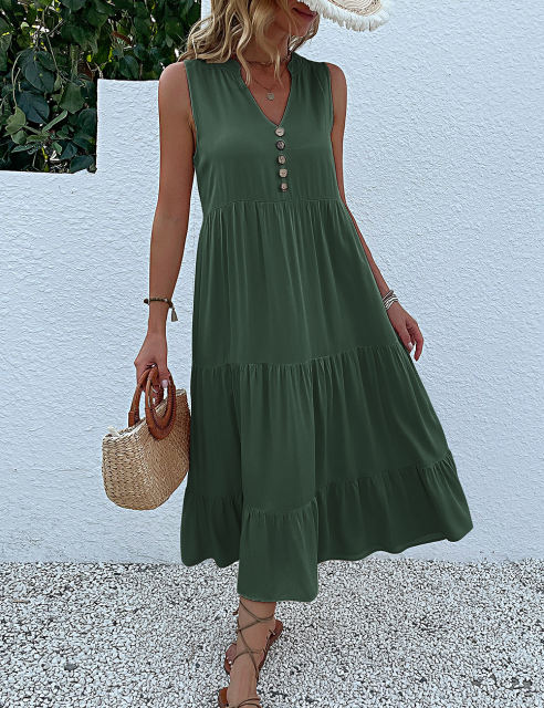 Green Sleeveless V Neck Tiered Midi Dress