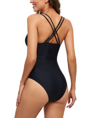 Black Deep V Neck Backless One Piece Swimsuit