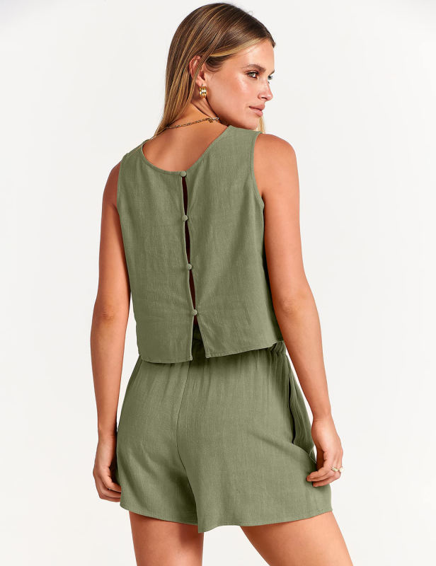 Green Sleeveless Tank Top with Pocket Shorts Set
