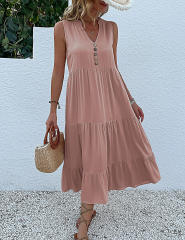 Pink Sleeveless V Neck Tiered Midi Dress