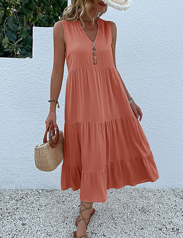 Orange Sleeveless V Neck Tiered Midi Dress