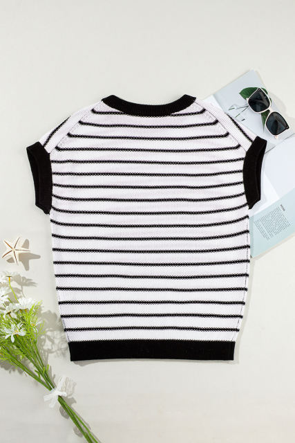 Black Stripe Loose Knit Short Sleeve Sweater