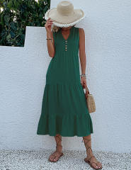 Dark Green Sleeveless V Neck Tiered Midi Dress