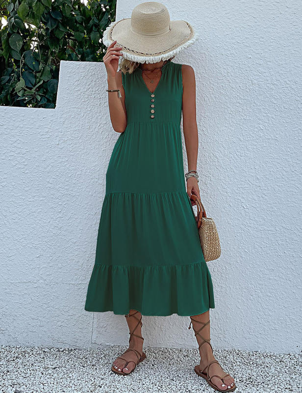 Dark Green Sleeveless V Neck Tiered Midi Dress
